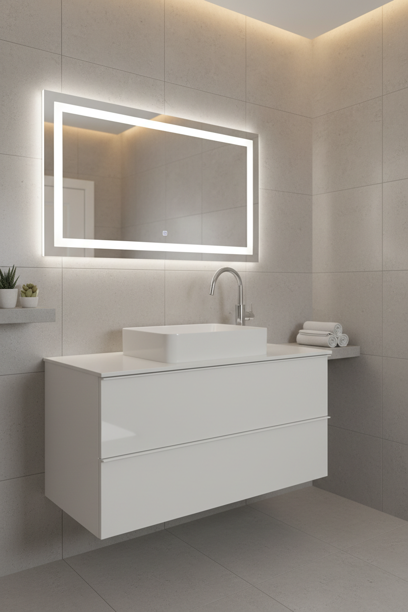 Vasque sur meuble blanc 80cm avec miroir LED