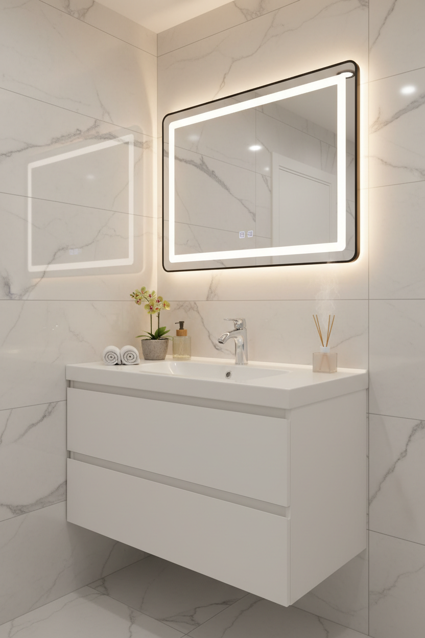 Vasque sur meuble blanc 60cm avec miroir LED