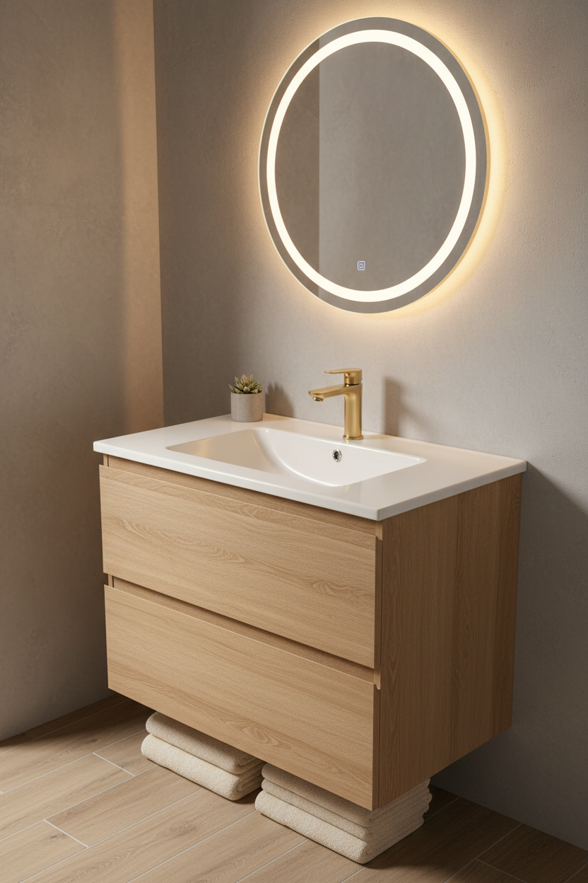 Vasque sur meuble effet bois avec miroir éclairé