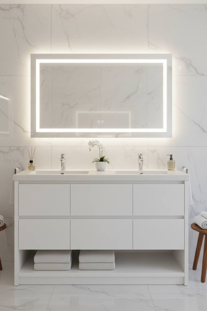 Vasque sur meuble blanc 80cm avec miroir LED