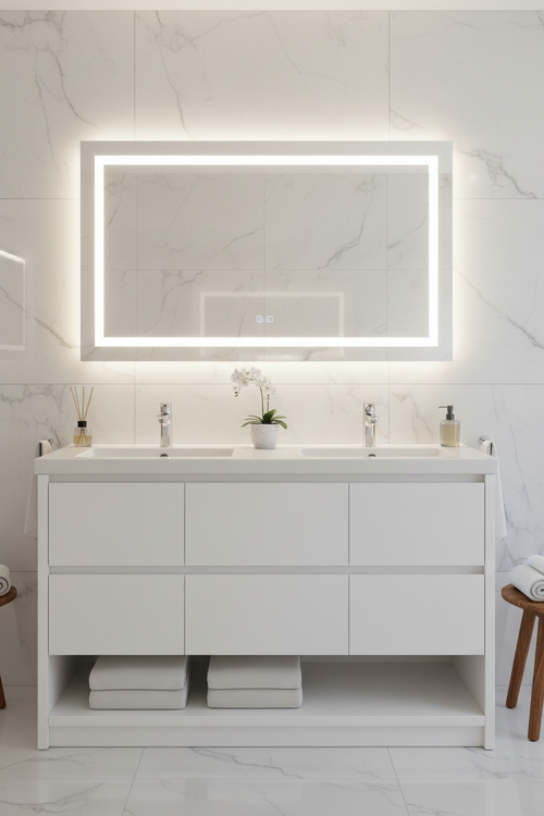 Vasque sur meuble blanc 80cm avec miroir LED