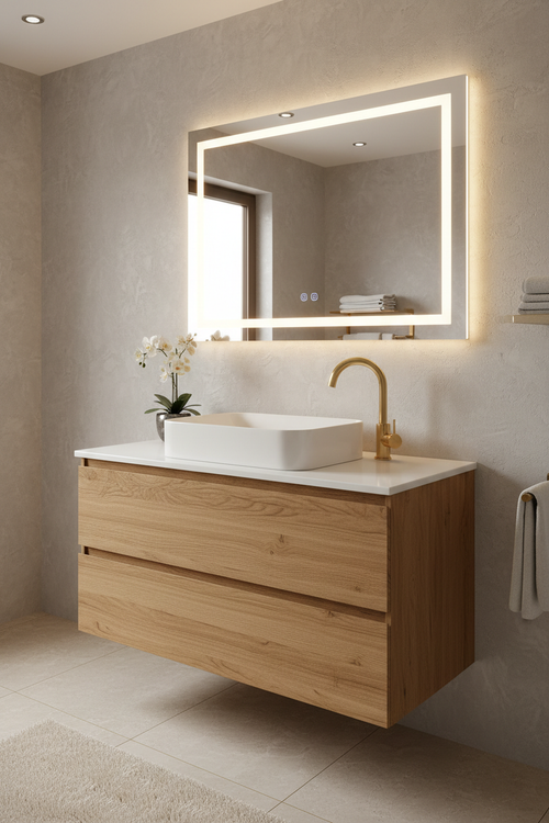 Vasque sur meuble effet bois 80cm avec miroir éclairé